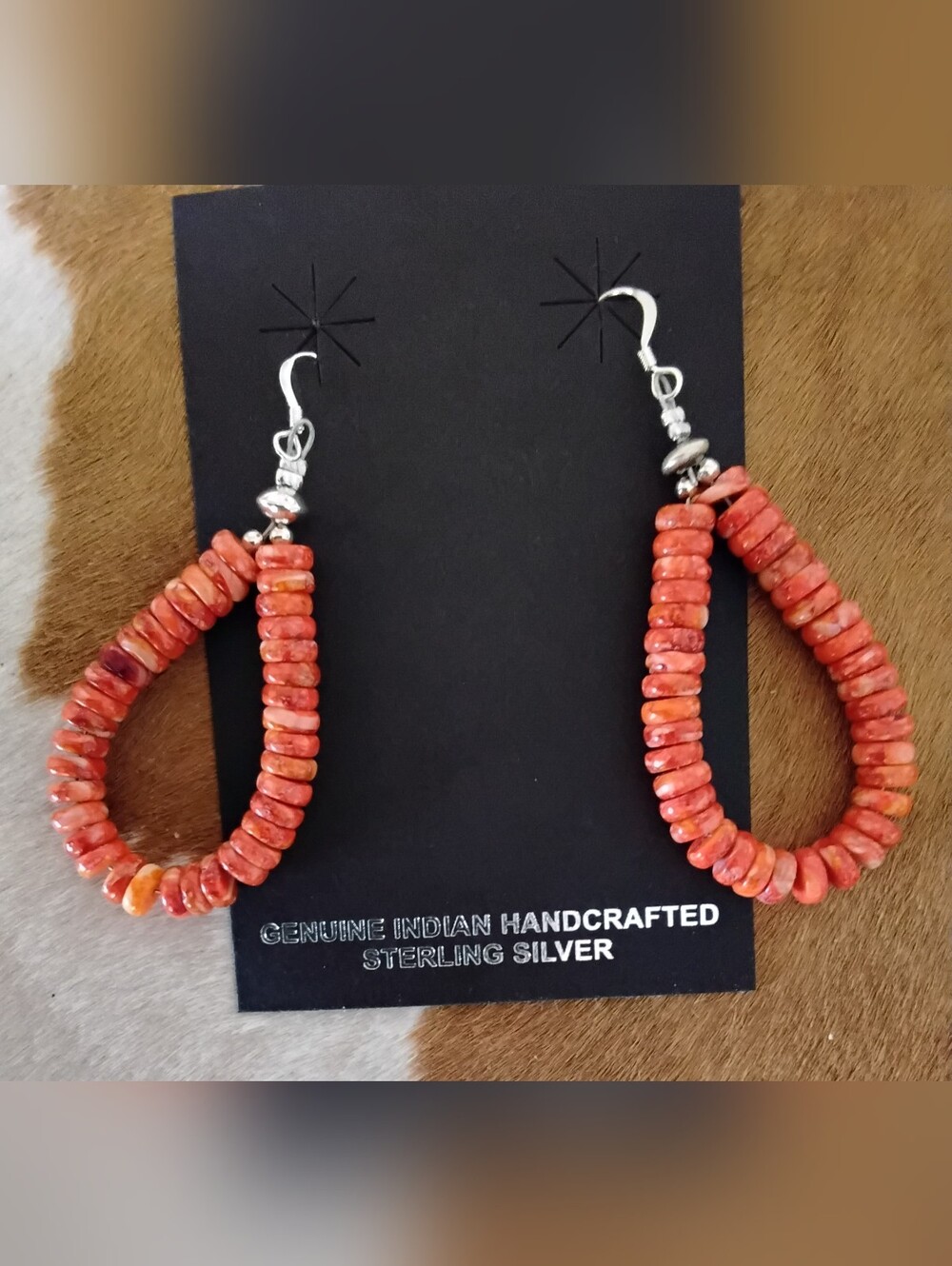 Louise Joe Navajo Handmade Orange Spiny Oyster Eardrop dangle 925 Earrings. - Picture 3 of 9